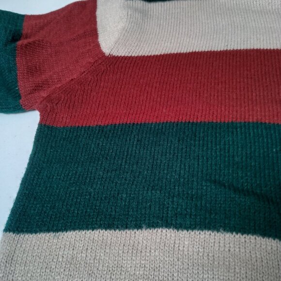 Vintage Rugged Sweater M Retro Striped Greem Maroon Tan Crew Neck Virgin Acrylic - Picture 15 of 15